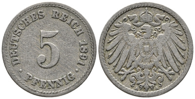 ГЕРМАНИЯ 5 ПФЕННИГОВ 1891 A KM 11, J. 12 медно-никель 39-641