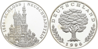 ФРГ медаль 1996 замок NEUSCHWANSTEIN 1886, диаметр 30 мм. серебро PROOF 00-00