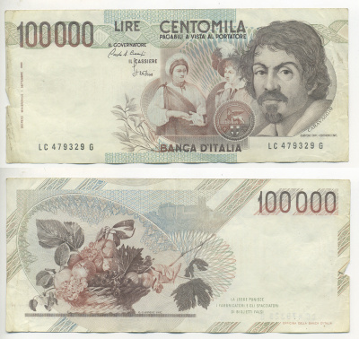 Италия 100000 лир 1983 Караваджо, фруктовый букет, подпись Speziali Pick 110b бумага 7220-27-3