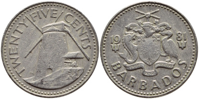 Барбадос 25 центов 1981 ветряная мельница Моргана Льюиса KM 13 медно-никель 4398-417