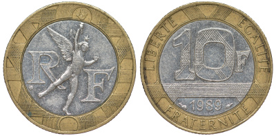 Франция 10 франков 1989 тип гений Бастилии KM 964.1, Le Franc 375.3 биметалл  45-633