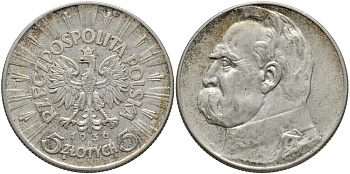ПОЛЬША 5 ЗЛОТЫХ 1936 W, ЮЗЕФ ПИЛСУДСКИЙ KM 28 серебро 441-1134