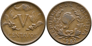 КОЛУМБИЯ 5 СЕНТАВО 1962 KM 206 бронза 4532-219