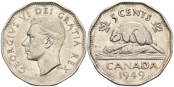 Канада 5 центов 1949 бобр, Георг VI (1937-1952) KM 42 никель 73-1316
