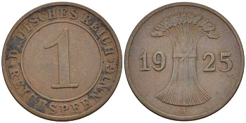 ГЕРМАНИЯ 1 РЕЙХСПФЕННИГ 1925 A KM 37, J. 313, Weege 2 бронза 211-112