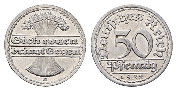 Германия 50 пфеннигов 1922 G KM 27, J. 301 алюминий UNC 3856-1135