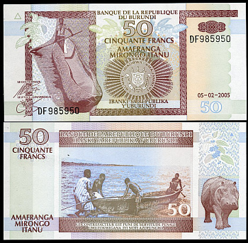 Бурунди 50 франков 2005 каное, рыбаки Pick 36 e бумага бумага  UNC (пресс) 448-62-3