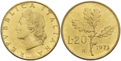 ИТАЛИЯ 20 ЛИР 1971 R, ДУБОВЫЕ ЛИСТЬЯ KM 97.2 алюминиевая бронза 4551-252