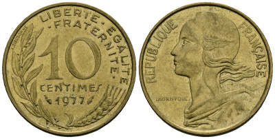 Франция 10 сантимов 1977 тип Marianne KM 929 алюминиевая бронза 4136-416