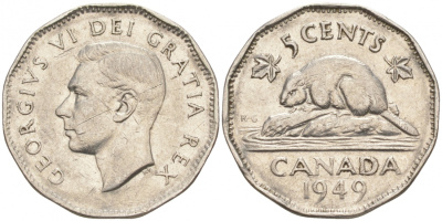Канада 5 центов 1949 бобр, Георг VI (1937-1952) KM 42 никель 73-1316