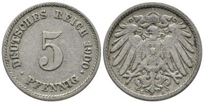 ГЕРМАНИЯ 5 ПФЕННИГОВ 1900 E KM 11, J. 12 медно-никель 39-742