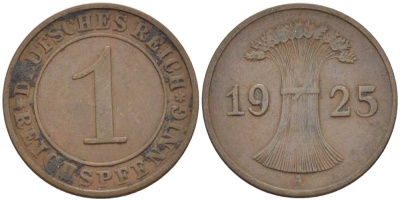 ГЕРМАНИЯ 1 РЕЙХСПФЕННИГ 1925 A KM 37, J. 313, Weege 2 бронза 211-112