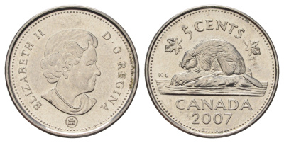 Канада 5 центов 2007 Leaf, Елизавета II (1952-2022), бобр KM 491 сталь плакированная никелем UNC 4689-467