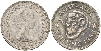 Австралия 1 шиллинг 1956 M, Елизавета II (1952-2022), овца меринос KM 59 серебро 4622-152