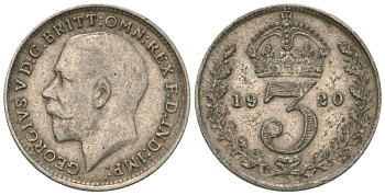 Великобритания 3 пенса 1920 Георг V (1910-1936), пограничный год KM 813 или 813a, Spink 4015 или 4026 серебро 4615-1031