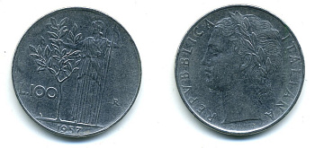 ИТАЛИЯ 100 ЛИР 1957 R, АФИНА KM 96.1 нержавеющая сталь 54-1254