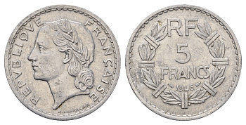 Франция 5 франков 1946 KM 888b.1, Le Franc 339.6 алюминий 4634-623