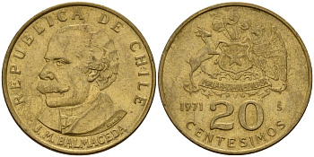 Чили 20 сентесимо 1971 KM 195 алюминиевая бронза 4158-727