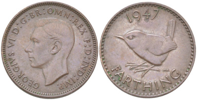 Великобритания 1 фартинг 1947 Георг VI (1936-1952) KM 843, Spink 4116 бронза 4613-517