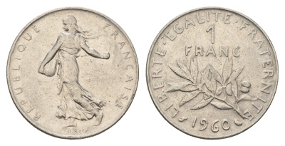 Франция 1 франк 1960 сеятель KM 925 никель 4673-1127