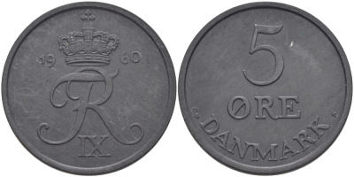 Дания 5 эре 1960 C; S, Фредерик IX (1947-1972) KM 843.2 цинк UNC 97-1146