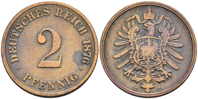 Германия 2 пфеннига 1876 C, старогербовка KM 2, Jager 2, Weege 3 медь 4546-613