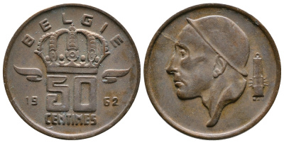 БЕЛЬГИЯ 50 САНТИМОВ 1962 BELGIE KM 149.1 бронза 4383-1138