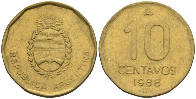 Аргентина 10 сентаво 1988 герб KM 98, Schon 98 латунь    60-1034