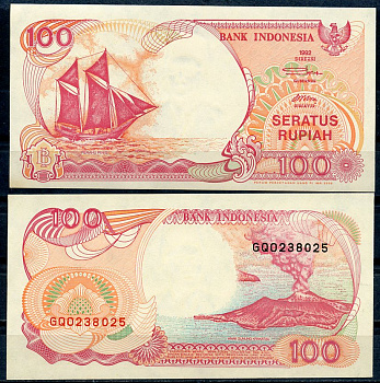 Индонезия 100 рупий 1992/2000 парусник пиниси, вулкан Кракатау Pick 127 h  бумага  UNC (пресс) 448-150-1