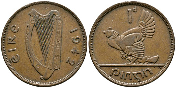 ИРЛАНДИЯ 1 ПЕННИ 1942 КУРИЦА С ЦЫПЛЯТАМИ KM 11 бронза 4531-636