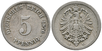 ГЕРМАНИЯ 5 ПФЕННИГОВ 1876 G, СТАРОГЕРБОВКА KM 3, J. 3 медно-никель 39-413