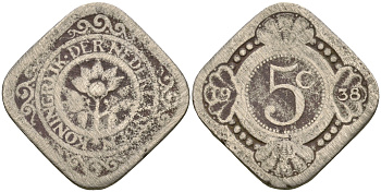 НИДЕРЛАНДЫ 5 ЦЕНТОВ 1938 KM 153 медно-никель 4364-3555