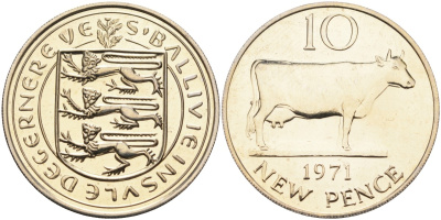 Гернси 10 пенсов 1971 Гернсийская корова, тираж 10000 экз. KM 24 медно-никель PROOF 4583-323
