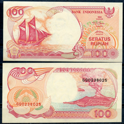 Индонезия 100 рупий 1992/2000 парусник пиниси, вулкан Кракатау Pick 127 h  бумага  UNC (пресс) 448-150-1