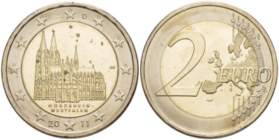 ФРГ 2 евро 2011 J, серия федеральные земли, Северный Рейн-Вестфалия, Кельнский собор KM 293 биметалл UNC 1094-6-73