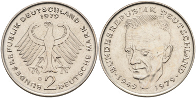 ФРГ 2 марки 1979 G, Курт Шумахер J.424  KM 149 медно-никель плакированный никелем 4592-1252