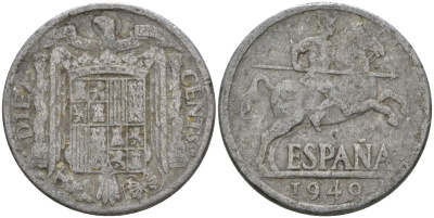 Испания 10 сентимо 1940 Франсиско Франко (1939-1975) KM 766 алюминий 4604-511