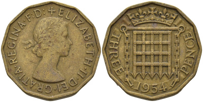 Великобритания 3 пенса 1954 Елизавета II (1952-2022) KM 900, Spink 4153 никель латунь 4146-336