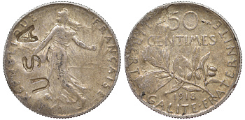 ФРАНЦИЯ 50 САНТИМОВ 1919 KM 854 серебро 4178-212