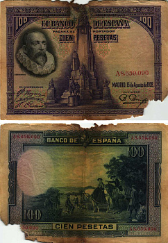 Испания 100 песет 1928 Мигель де Сервантес Сааведра, памятник Сервантесу, картина Дон Кихот Pick 76 а бумага 8609-38-1
