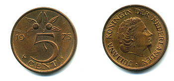 НИДЕРЛАНДЫ 5 ЦЕНТОВ 1973 ЮЛИАНА KM 181 бронза 76-444