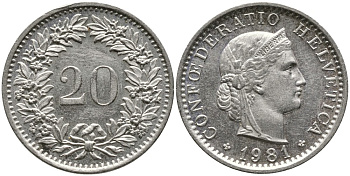 Швейцария 20 раппенов 1981 KM 29а медно-никель 4539-631