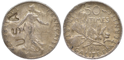 ФРАНЦИЯ 50 САНТИМОВ 1919 KM 854 серебро 4178-212