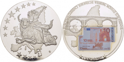 Нидерланды медаль 2002 похищение Европы, купюра 10 евро, серебрение, цветная эмаль, диаметр 50 мм., вес 54 гр.  медно-никель  PROOF  1066-14-13