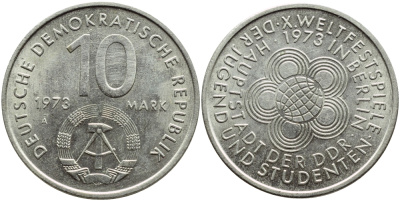 ГДР 10 марок 1973 A, фестиваль молодежи и студентов 1973 года в Берлине KM 44, J. 1545 медно-никель 4394-245