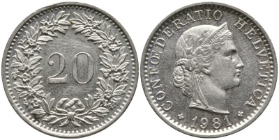 Швейцария 20 раппенов 1981 KM 29а медно-никель 4539-631