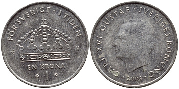 Швеция 1 крона 2003 Карл XVI Густав (1973- ) KM 894 медно-никель 4179-745