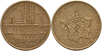 Франция 10 франков 1980 тип Матье KM 940, Le Franc 365.15-16 никель латунь 4179-231