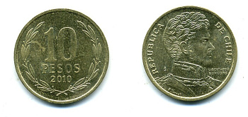 ЧИЛИ 10 ПЕСО 2010 ГЕНЕРАЛ БЕРНАРДО О ХИГГИНС KM 228.2 никель-бронза 37-846