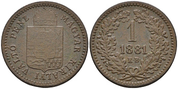 Венгрия 1 крейцер 1881 КВ, Франц Иосиф I (1848-1916) KM 458 медь 4585-144